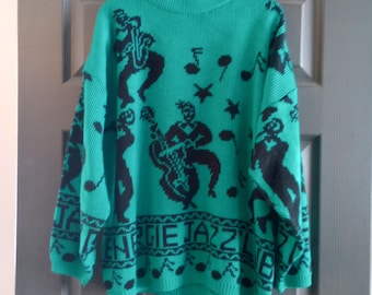 Retro 80s Rare Chunky Knit Novelty Sweater Energie Jazz Club  Musical Notes VTG