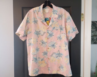 90s Hawaii Single Stitch Button Front Palm Trees Floral Pattern Cotton Y2K