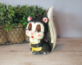 Kitschy Antique Furry Flocked Bashful Skunk Figurine 50s Unique Animal Decor