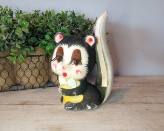 Kitschy Antique Furry Flocked Bashful Skunk Figurine 50s Unique Animal Decor