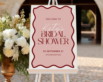Printable Wavy Border Bridal Shower Sign | Hens Welcome Sign | Canva Digital Download | Pink & Red