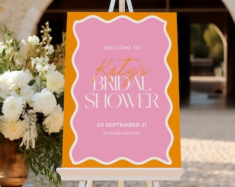 Printable Wavy Border Bridal Shower Sign | Hens Welcome Sign | Canva Digital Download | Pink & Orange | 204
