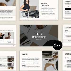 May include: A presentation slide deck with a black and white color scheme. The slides include text about client onboarding, a monthly timeline, communication, and a work process. The slides also feature images of a woman working on a laptop, a woman with glasses, and a woman with a laptop.