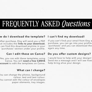 May include: A black banner with the words "FREQUENTLY ASKED Questions" in white. Below, a list of questions and answers about downloading and editing templates, including information about Canva and custom designs.