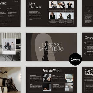May include: A dark presentation template with sections for a monthly timeline, team introduction, and service package details. The design features a minimalist aesthetic with white text on a black background, and the Canva logo.