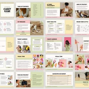 May include: A social media strategy presentation template with a pink and green color scheme. The template includes sections for current statistics, brand positioning, target audience, content pillars, and more.