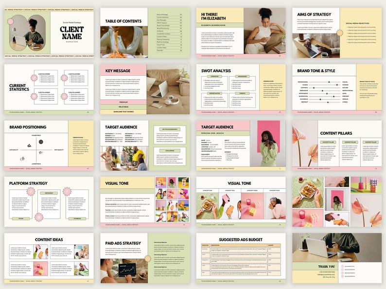 May include: A social media strategy presentation template with a pink and green color scheme. The template includes sections for current statistics, brand positioning, target audience, content pillars, and more.