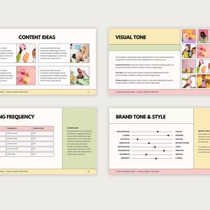 May include: A social media strategy template with sections for content ideas, visual tone, posting frequency, and brand tone and style. The template features a pink and yellow color scheme with black text.