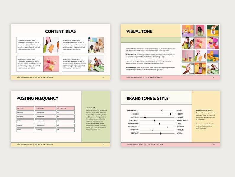 May include: A social media strategy template with sections for content ideas, visual tone, posting frequency, and brand tone and style. The template features a pink and yellow color scheme with black text.