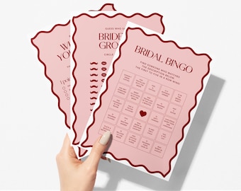 Modern Hens & Bridal Shower Party Games | Bachelorette Party | Wavy Border | 8 Game Bundle | Pink + Red | Instant Download | Print at Home