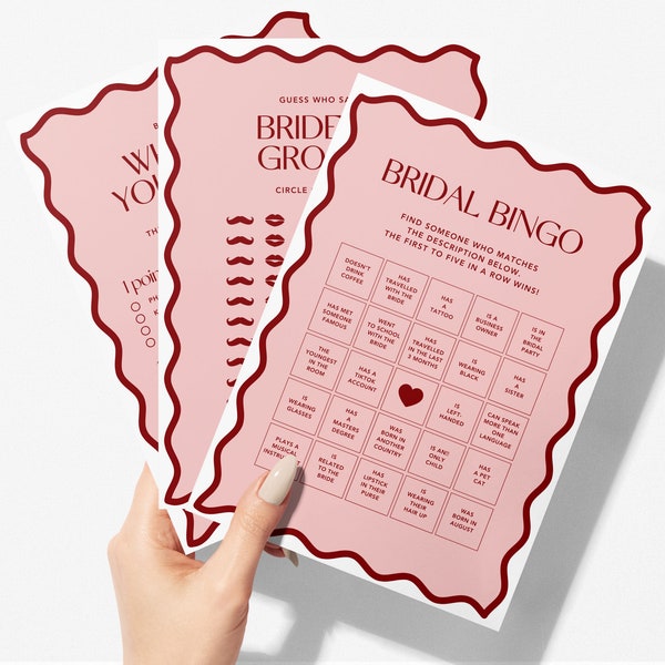 Modern Hens & Bridal Shower Party Games | Bachelorette Party | Wavy Border | 8 Game Bundle | Pink + Red | Instant Download | Print at Home