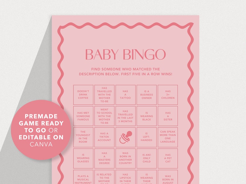 Baby Bingo Game | Modern Baby Shower Games | Instant Download | Print at Home | Wavy Border | Pink or Blue image 2