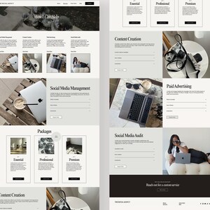 Peut inclure: Pr&eacute;sentation d'un site web au design &eacute;pur&eacute; et minimaliste. Les services incluent la cr&eacute;ation de contenu, la gestion des m&eacute;dias sociaux et la publicit&eacute; payante. Des images d'ordinateurs portables, de caf&eacute; et d'un appareil photo sont pr&eacute;sentes. Des forfaits essentiels, professionnels et premium sont propos&eacute;s.