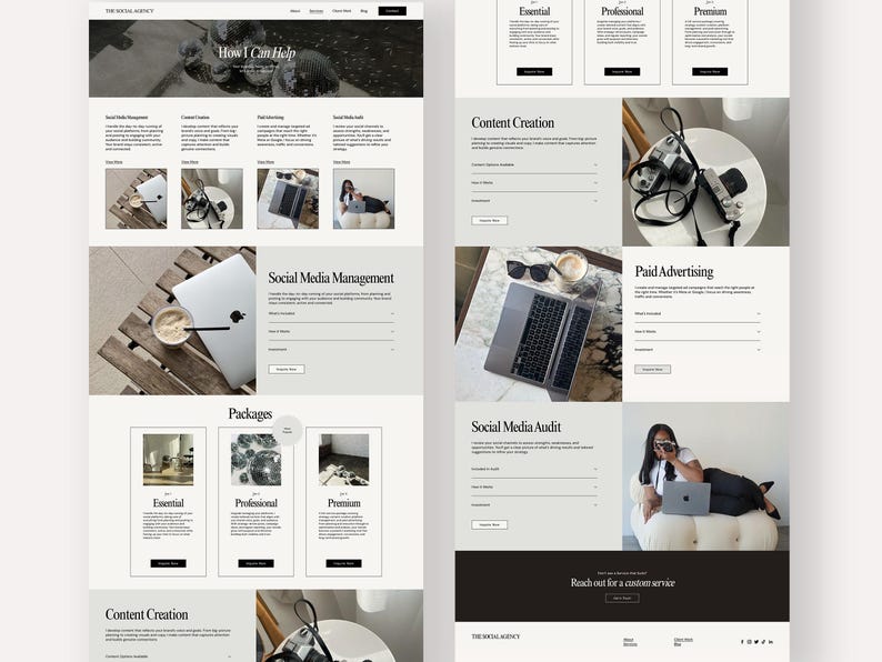 Peut inclure: Pr&eacute;sentation d'un site web au design &eacute;pur&eacute; et minimaliste. Les services incluent la cr&eacute;ation de contenu, la gestion des m&eacute;dias sociaux et la publicit&eacute; payante. Des images d'ordinateurs portables, de caf&eacute; et d'un appareil photo sont pr&eacute;sentes. Des forfaits essentiels, professionnels et premium sont propos&eacute;s.