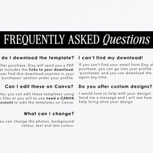 Pu&ograve; includere: Domande frequenti sul download e la modifica dei modelli. Il testo spiega come scaricare il modello dopo l'acquisto, come modificarlo con Canva e come richiedere progetti personalizzati.