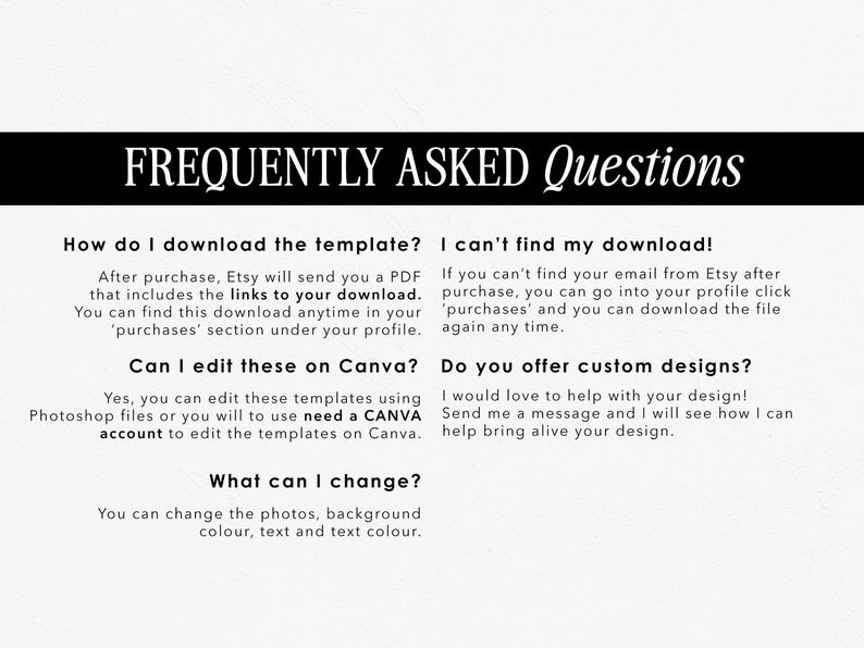 Pu&ograve; includere: Domande frequenti sul download e la modifica dei modelli. Il testo spiega come scaricare il modello dopo l'acquisto, come modificarlo con Canva e come richiedere progetti personalizzati.