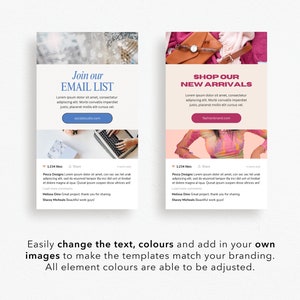 Pu&ograve; includere: Due modelli di newsletter via email con uno schema di colori rosa e blu. Il primo modello ha uno sfondo bianco con testo blu e un pulsante che dice "Iscriviti alla nostra mailing list". Il secondo modello ha uno sfondo bianco con testo rosa e un pulsante che dice "Acquista i nostri nuovi arrivi". Entrambi i modelli hanno una foto di una persona che usa un laptop e una foto di una donna che indossa un vestito rosa.