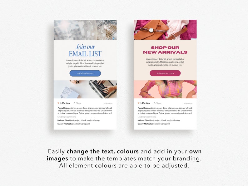 Pu&ograve; includere: Due modelli di newsletter via email con uno schema di colori rosa e blu. Il primo modello ha uno sfondo bianco con testo blu e un pulsante che dice "Iscriviti alla nostra mailing list". Il secondo modello ha uno sfondo bianco con testo rosa e un pulsante che dice "Acquista i nostri nuovi arrivi". Entrambi i modelli hanno una foto di una persona che usa un laptop e una foto di una donna che indossa un vestito rosa.