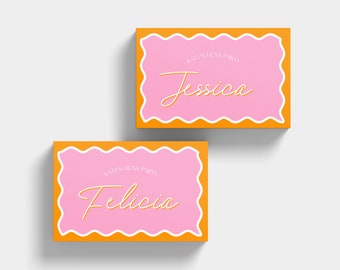 Printable Wavy Border Place Cards | Custom Place Cards Template | Editable Event Stationary| Canva Digital Download | Pink & Orange