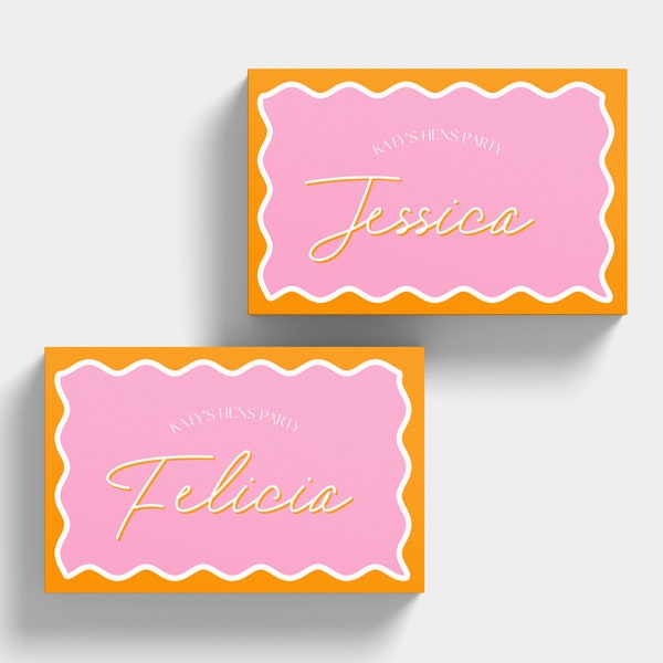 Printable Wavy Border Place Cards | Custom Place Cards Template | Editable Event Stationary| Canva Digital Download | Pink & Orange