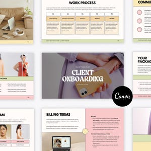 Op de afbeelding: Een digitale marketingpresentatie met secties als "Werkproces", "Communicatie" en "Uw pakket". De centrale afbeelding toont "Client Onboarding" en een hand die een gele telefoon vasthoudt. Het Canva-logo is zichtbaar.