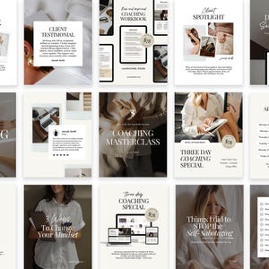 May include: A collection of digital marketing materials with a neutral color palette. The images include text such as "Free Resource Coaching Workbook", "Client Testimonial", and "Coaching Masterclass". The overall theme is coaching and self-improvement.
