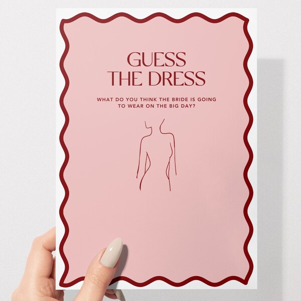 Guess The Dress | Hens & Bridal Shower Party Game | Bachelorette | Pink + Red | Instant Download | Print at Home | Wavy Border