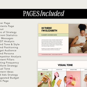 May include: A pink and white social media strategy template with the text "Hi there! I'm Elizabeth" and "Elizabeth, Business Name". The template includes pages for a cover page, contents page, about, aims of strategy, current statistics, key messages, SWOT analysis, brand tone and style, brand positioning, target audience, brand persona, competitor analysis, content pillars, posting frequency, platform strategy, visual tone, content ideas, paid ads strategy, suggested budget, and back page.