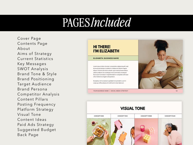 May include: A pink and white social media strategy template with the text "Hi there! I'm Elizabeth" and "Elizabeth, Business Name". The template includes pages for a cover page, contents page, about, aims of strategy, current statistics, key messages, SWOT analysis, brand tone and style, brand positioning, target audience, brand persona, competitor analysis, content pillars, posting frequency, platform strategy, visual tone, content ideas, paid ads strategy, suggested budget, and back page.