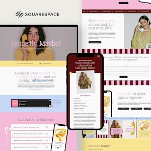 Könnte beinhalten: Ein Squarespace-Webdesign mit einem Podcast mit dem Titel "Honestly, Maybe?" mit dem Slogan "Ein Podcast über das moderne Leben, Entscheidungen treffen und nicht alles herausgefunden haben." Das Design umfasst einen Laptop, Smartphones und ein Tablet.