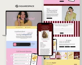 以下が含まれることがあります： 「Honestly, Maybe?」というタイトルのポッドキャストをフィーチャーしたSquarespaceのウェブサイトデザイン。スローガンは「現代生活、意思決定、すべてを理解していないことについてのポッドキャスト」です。デザインには、ラップトップ、スマートフォン、タブレットが含まれています。