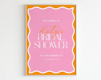 Printable Wavy Border Bridal Shower Sign | Hens Welcome Sign | Canva Digital Download | Pink & Orange