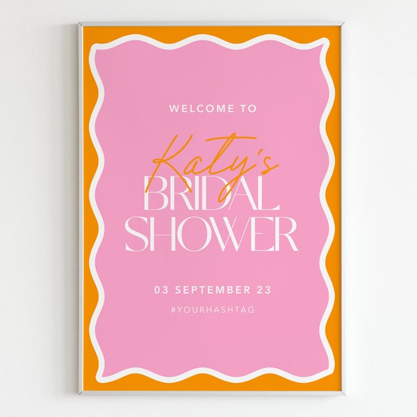 Printable Wavy Border Bridal Shower Sign | Hens Welcome Sign | Canva Digital Download | Pink & Orange