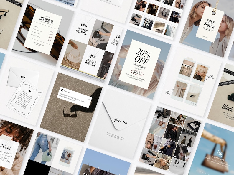 K&ouml;nnte beinhalten: Eine Collage von Bildern, die einen Sale auf Kleidung und Accessoires bewerben. Die Bilder zeigen eine Vielzahl von Artikeln, darunter Sonnenbrillen, H&uuml;te, Taschen und Kleidung. Der Text auf den Bildern lautet "30% Rabatt auf alles", "20% Rabatt" und "Kostenloser Versand".