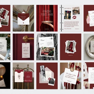 May include: A collection of images with a burgundy and white color scheme. The images include postcards, notes, and photos, some with text like "Coming Very Soon" and "Out of Office". The theme appears to be related to travel or hospitality.
