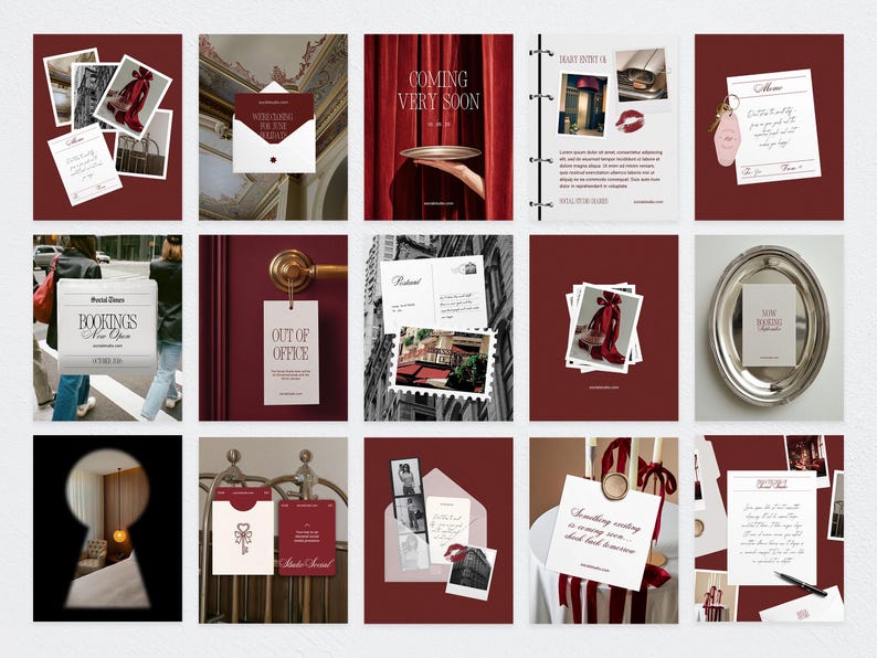 May include: A collection of images with a burgundy and white color scheme. The images include postcards, notes, and photos, some with text like "Coming Very Soon" and "Out of Office". The theme appears to be related to travel or hospitality.