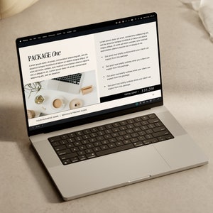Może przedstawiać: Laptop wyświetlający stronę internetową z cennikiem pakietu usługowego o nazwie "Pakiet Pierwszy". Strona zawiera opis pakietu, listę korzyści i łączną cenę 10 200 &euro;.