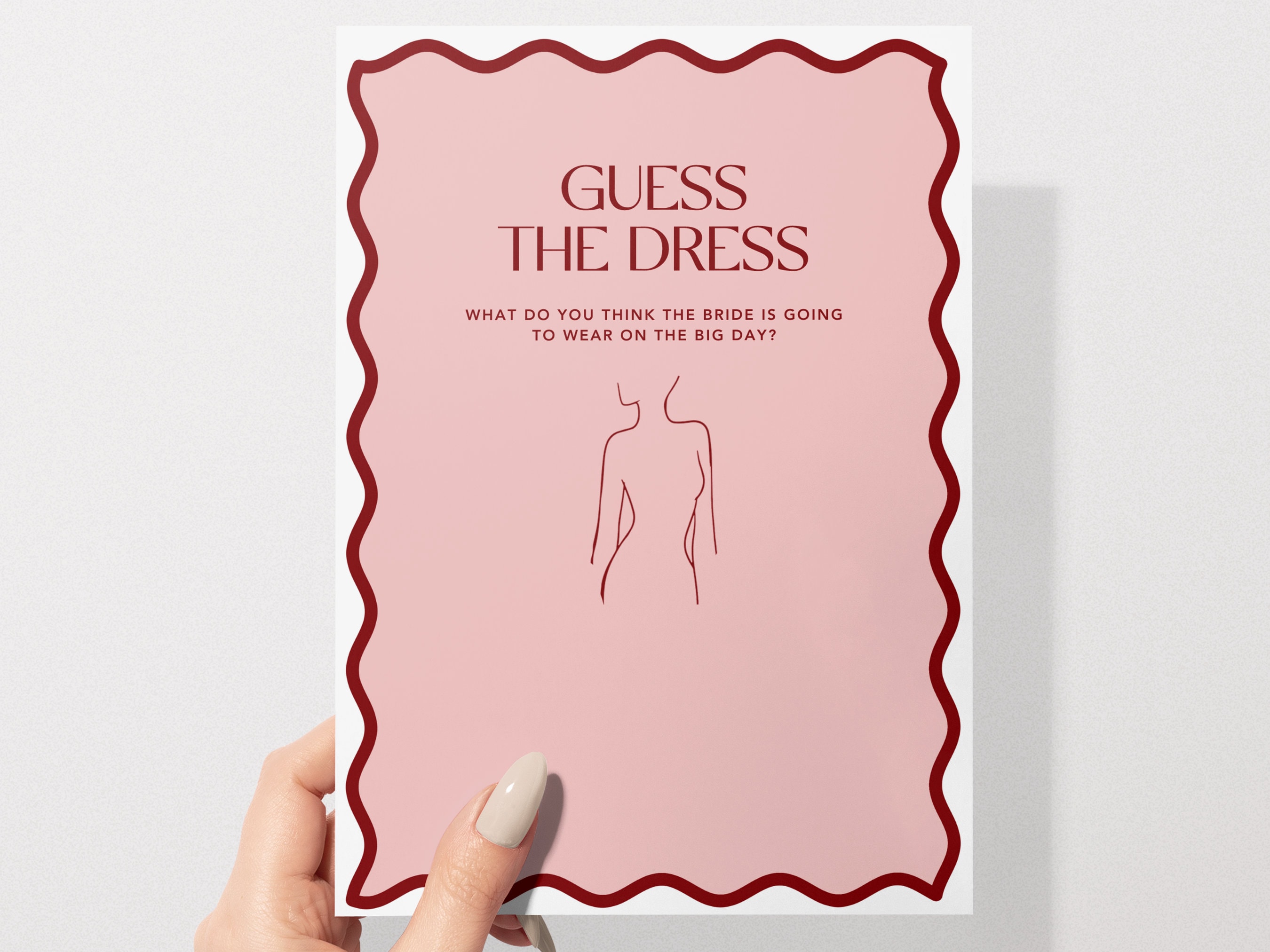 Guess The Dress | Hens & Bridal Shower Party Game | Bachelorette | Pink + Red | Instant Download | Print at Home | Wavy Border