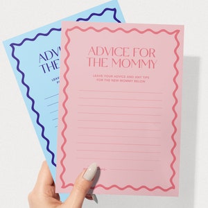 Advies aan de mama Game | Moderne babyshowergames | Direct downloaden | Thuis afdrukken | Golvende rand | Roze of blauw