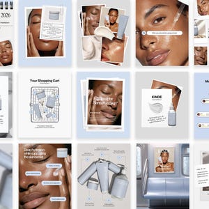 Puede incluir: Un collage de anuncios de productos para el cuidado de la piel. Las imágenes presentan fotos de productos para el cuidado de la piel, incluyendo botellas, frascos y tubos. El texto incluye "Your Glow Duo", "Your Shopping Cart", "Great for Sensitive Skin" y "Meet Your New Fave Skin Toner".