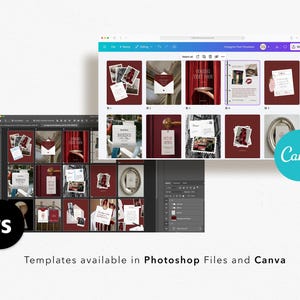 May include: A computer screen displays Instagram post templates in Photoshop and Canva. The templates feature a burgundy color scheme with various design elements, including photos, text, and decorative accents. The text reads "Templates available in Photoshop Files and Canva."