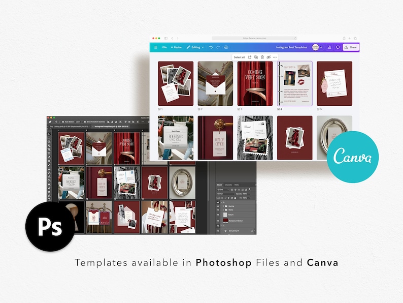 May include: A computer screen displays Instagram post templates in Photoshop and Canva. The templates feature a burgundy color scheme with various design elements, including photos, text, and decorative accents. The text reads "Templates available in Photoshop Files and Canva."