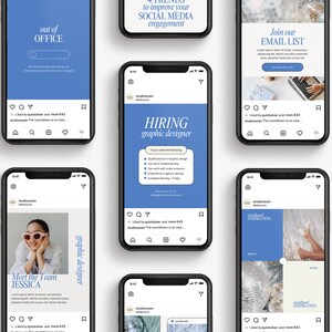 Pu&ograve; includere: Un collage di nove modelli di storie Instagram con uno schema di colori blu e bianco. I modelli includono testo come "fuori ufficio", "iscriviti alla nostra mailing list", "cerchiamo un grafico" e "ispirazione moodboard".