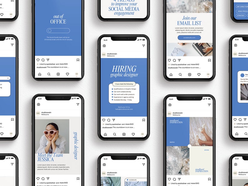 Pu&ograve; includere: Un collage di nove modelli di storie Instagram con uno schema di colori blu e bianco. I modelli includono testo come "fuori ufficio", "iscriviti alla nostra mailing list", "cerchiamo un grafico" e "ispirazione moodboard".