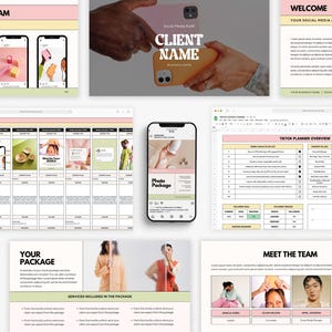 Peut inclure: Présentation de marketing numérique avec des maquettes de publications Instagram, un téléphone affichant un "Photo Package" et une feuille de calcul intitulée "TikTok Planner Overview". La palette de couleurs est rose, verte et beige.