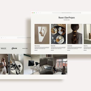 Peut inclure: Deux &eacute;crans d'ordinateur affichant un site web avec le texte "Recent Client Projects" et les logos "Vogue", "Gison" et "Blank Street". Le site web pr&eacute;sente des images de produits et de photographies de style de vie.
