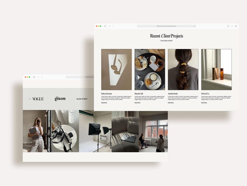 Peut inclure: Deux &eacute;crans d'ordinateur affichant un site web avec le texte "Recent Client Projects" et les logos "Vogue", "Gison" et "Blank Street". Le site web pr&eacute;sente des images de produits et de photographies de style de vie.