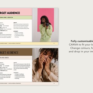 May include: Two pages of a target audience template with a pink and brown background. The template includes a section for persona one, Jessica, with information about her name, gender, age range, location, occupation, income bracket, pain points, and interests. The template also includes a section for about, which includes a brief summary to describe the tone of voice for the brand using the tone scale on the left for inspiration. The template also includes a section for interest, which includes a list of interests. The template is fully customizable in Canva to fit your brand. Change colors, fonts, and drop in your images.