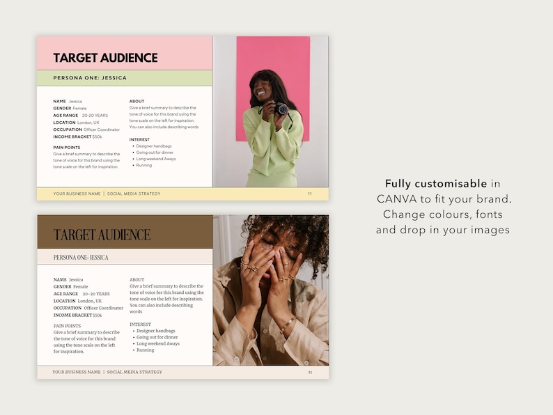 May include: Two pages of a target audience template with a pink and brown background. The template includes a section for persona one, Jessica, with information about her name, gender, age range, location, occupation, income bracket, pain points, and interests. The template also includes a section for about, which includes a brief summary to describe the tone of voice for the brand using the tone scale on the left for inspiration. The template also includes a section for interest, which includes a list of interests. The template is fully customizable in Canva to fit your brand. Change colors, fonts, and drop in your images.
