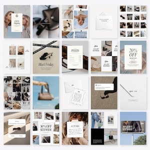 K&ouml;nnte beinhalten: Eine Sammlung von 16 Instagram-Story-Vorlagen mit verschiedenen Bildern und Texten. Die Vorlagen enthalten Bilder von Schuhen, Kleidung und Accessoires sowie Text wie "Kostenloser Versand", "Black Friday", "20% Rabatt" und "30% Rabatt auf alles".